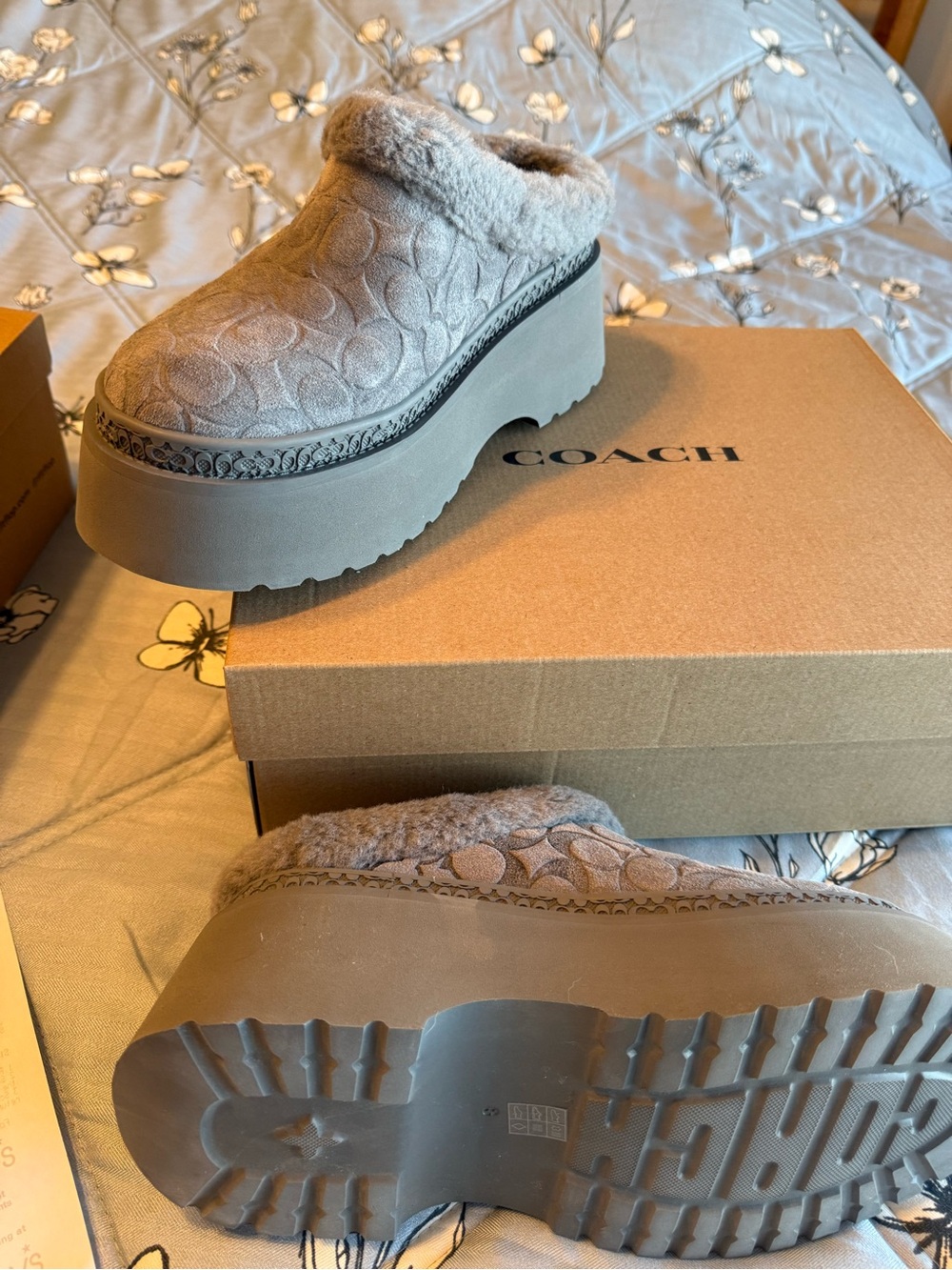 Coach Gray Suede Signature Shearling Platform Clogs - Picture 4 of 5